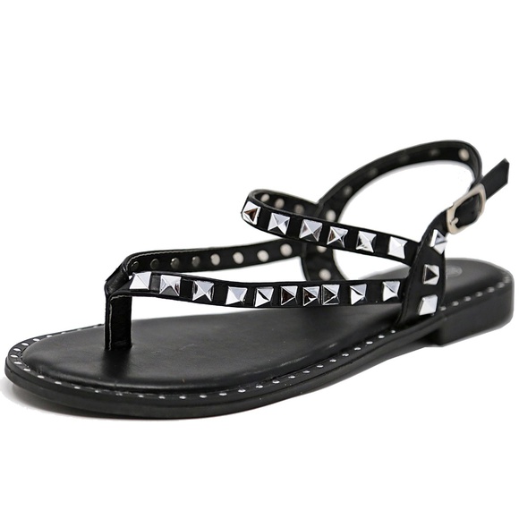 New Black Silver Studded Thong Sandals 10 - Picture 2 of 5